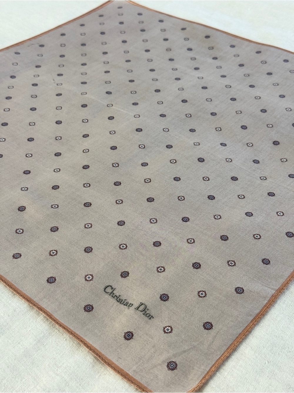 Vintage Dior Taupe Medallion Dot Quiet Luxury Cotton Bandana Scarf Made in Japan
